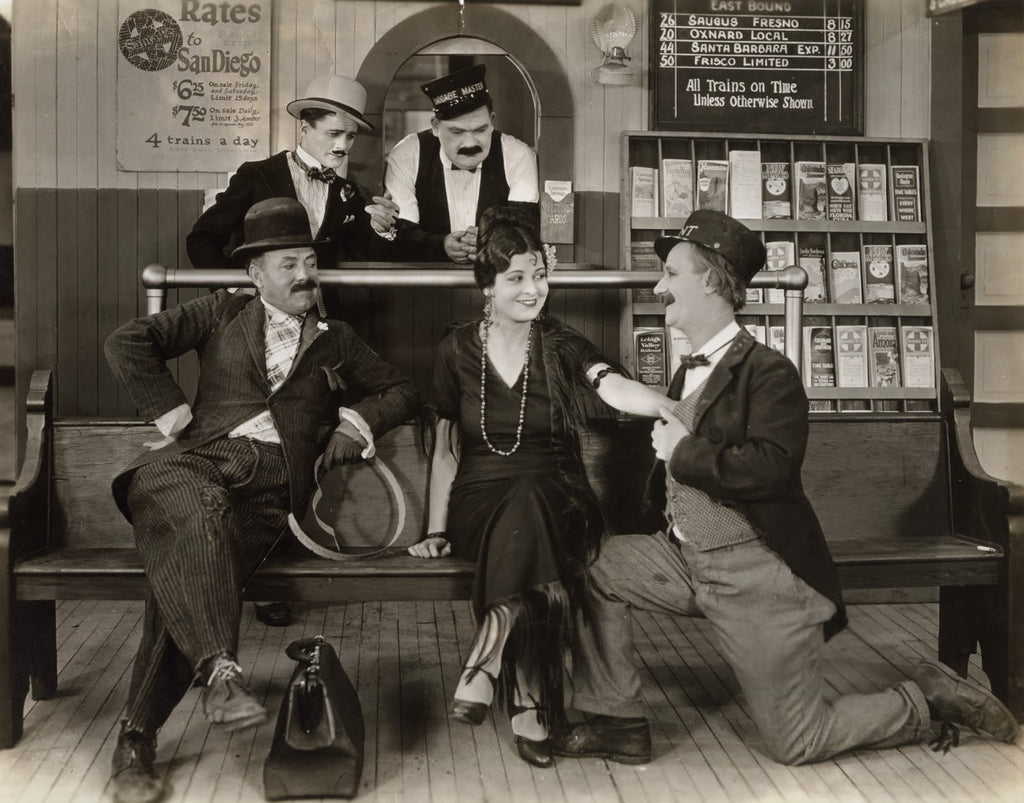 Billy Armstrong, Madeline Hurlock, Kewpie Morgan, Bud Ross, and Ben Turpin in Asleep at the Switch (1923) | www.vintoz.com