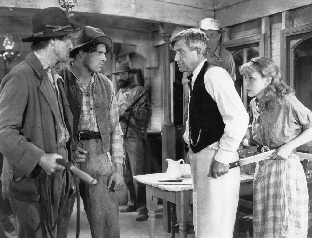 Ben Hall, Fred Kohler Jr., Charles Middleton, Will Rogers, and Anne Shirley in Steamboat 'Round the Bend (1935) | www.vintoz.com